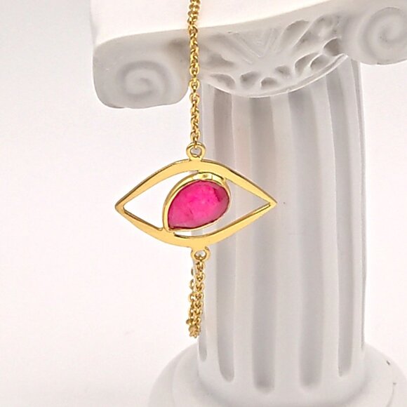 Sterling Silver Natural Aventurine Red Stone Chain Bracelets – 18k Gold Plated - Picture 4 of 11